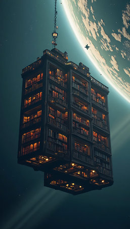 Floating building with glowing windows is suspended in space against a blue planet, creating a surreal, dreamlike atmosphere; ideal for science fiction or fantasy themed projects.の素材