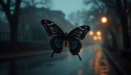 A butterfly is flying through a rain-soaked city street, reflected street lights add to the ambiance. Ideal for weather and urban themed projects.の素材