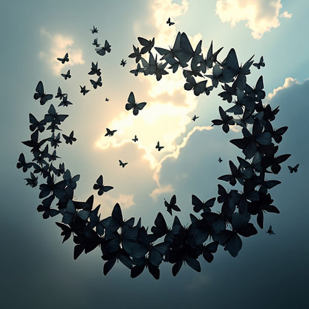 Many butterflies are forming a circle shape against the bright sky with clouds, creating a whimsical and ethereal effect and good for art and design projects.の素材