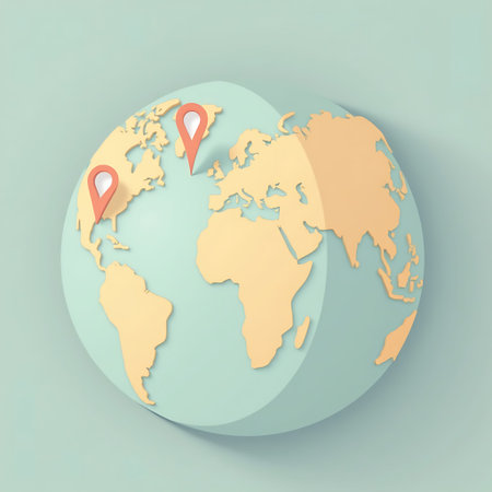 Paper globe showing continents and location pins on North America and Europe, suggesting travel or global presence Perfect for illustrating international themes.の素材