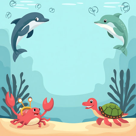 Cute cartoon illustration of sea life features dolphins, a crab, and a turtle underwater Great for children's designs and educational materials.の素材