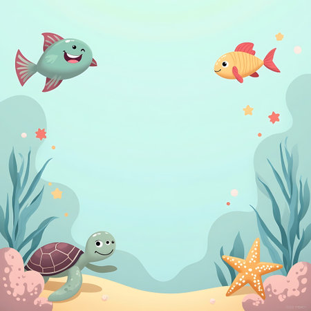 Cartoon illustration of sea life featuring fish, a turtle, and starfish in an undersea environment, creating a cheerful and inviting atmosphere perfect for children's illustrations.の素材