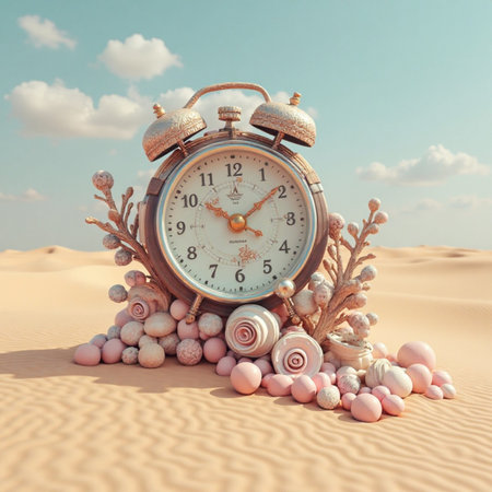 An antique clock sits amidst a desert landscape with decorative spheres and abstract shapes invoking time and creativity in a unique setting Perfect for surreal art projects.の素材