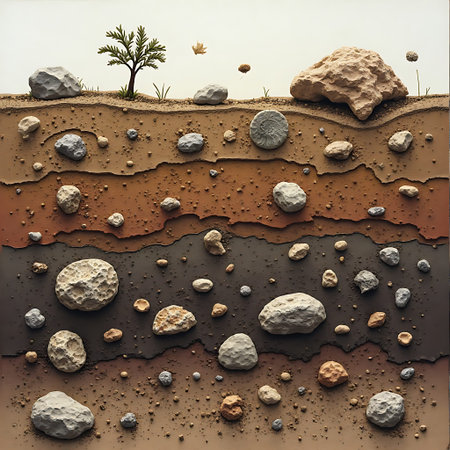 Imagine a miniature world, meticulously craftedâlayers of soil, rocks, and fossils reveal a serene, earthy landscape. A tiny tree adds a touch of life.の素材