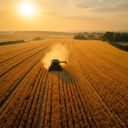 A lone combine harvester cuts through a vast, golden wheat field at sunset. Dust trails behind, painting a serene yet industrious scene. Warm, golden light bathes the landscape.の素材
