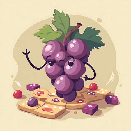 Animated grape character stands on scattered game pieces in a playful and colorful illustration perfect for educational or entertaining content.の素材