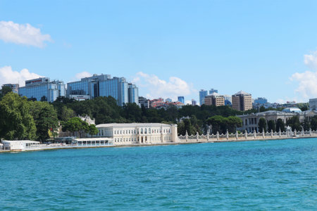 Istanbul, Turkey on 12 July 2022. Wide shot of a city's coastline with buildings visible across turquoise water under a clear sky, creating a serene view ideal for travel publications.のeditorial素材