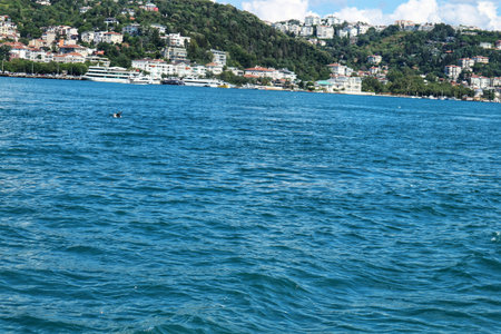 Istanbul, Turkey on 12 July 2022. View of a coastal town nestled on a green hillside and calm blue water on a sunny day, a peaceful getaway ambiance suitable for vacation themes.のeditorial素材
