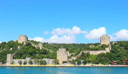 Historic stone fortress and walls sit upon a green hillside by blue water under a bright sky, perfect for history or travel themes.のeditorial素材