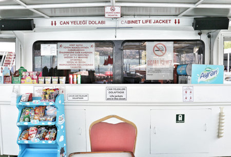 Istanbul, Turkey on 12 July 2022. Inside a ferry, various snacks and beverages are displayed next to safety signs offering a practical glimpse into maritime travel for commercial use.のeditorial素材
