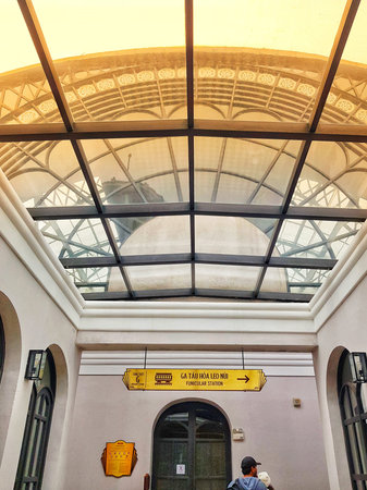 Sapa, Vietnam on 15 May 2025. Architectural shot of indoor funicular station showing glass roof and...