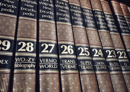 Jakarta, Indonesia on 1 Jun 2025. Row of old, numbered encyclopedia volumes offers knowledge and...