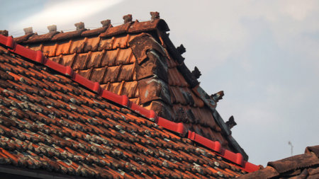 A close-up view of an aged red tile roof shows intricate details including a weathered ridge and...