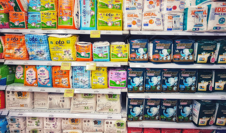 Bekasi, Indonesia on 31 Aug 2024. A supermarket shelf displays a variety of colorful baby diapers from different brands. The diapers are neatly arranged by size and brand, showcasing various packaging designs. The image highlights the diverse range of optのeditorial素材