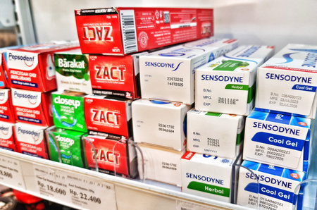 Jakarta, Indonesia on 4 Jan 2024. various toothpaste boxes on a store shelf. Sensodyne Cool Gel and Herbal varieties are prominently displayed alongside other brands like Pepsodent, Close-up, and Zact. The image highlights product packaging, batch numbersのeditorial素材