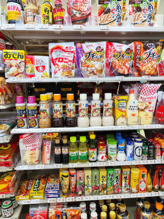 Assorted food products and seasonings are arranged on a brightly lit market shelf, offering a diverse selection for culinary usage and food-related marketing.のeditorial素材
