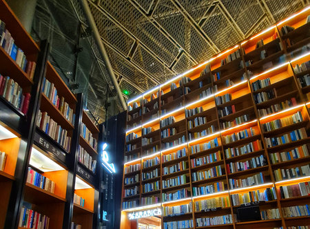 Seoul, South Korea on 7 Nov 2024. Starfield COEX Mall. Multiple bookshelves filled with colorful books line the walls of a brightly lit interior space, suggesting knowledge and learning for educational or library-themed projects.のeditorial素材