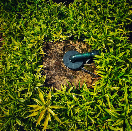 Irrigation system component is centrally placed amidst vibrant green plants creating a blend of...
