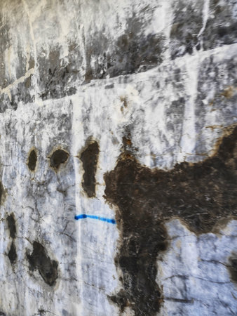 An old weathered wall with peeling white paint, dark mold patches, and cracks in natural lighting...