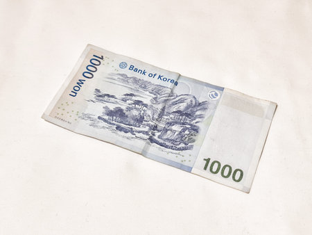 Busan, South Korea on 10 Nov 2024. Single one thousand won Korean banknote featuring a landscape...