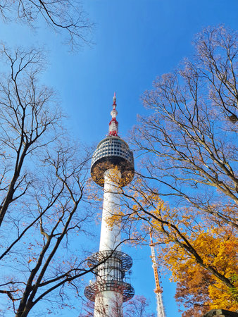 Seoul, South Korea on 12 Nov 2024. Namsan Tower. Tall white tower reaches towards the clear blue...