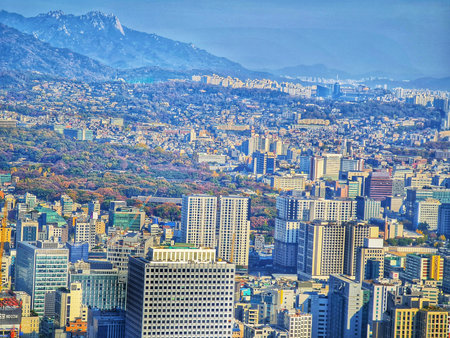 Seoul, South Korea on 12 Nov 2024. City skyline features many gray buildings filling the frame, a...