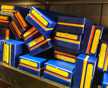 Tokyo, 20 Oct 2025. Harry Potter Store Harajuku. Many dark blue boxes with thin orange stripes and...