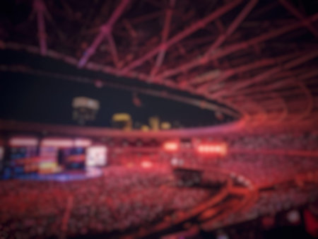 Spectators fill a dimly lit arena during a live event with vibrant stage lighting and a blurred audience.