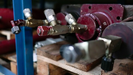 Blue Red Screw Shelfs Wood Factory Toolsの写真素材