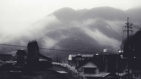 View overlooking the mountain in morning hazeの写真素材