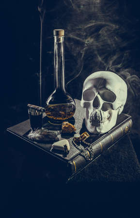 White skull in mystical attributesの写真素材