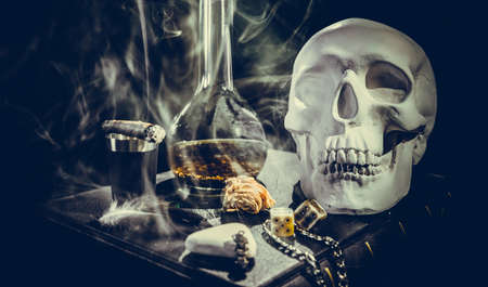White skull in mystical attributesの写真素材