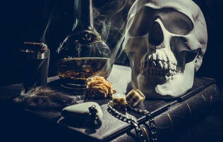 White skull in mystical attributesの写真素材
