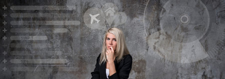 Portrait of a pensive young woman thinking dreaming has many ideas looking at the camera. Positive...
