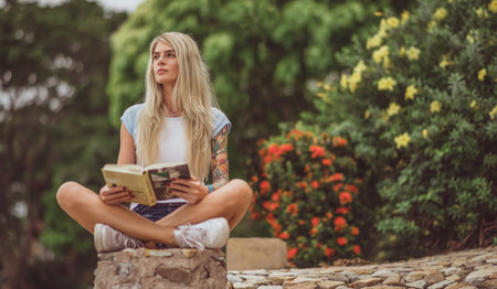 Beautiful blonde sitting in the flower garden and reading a book. Arms tattooed. modern, trendy...