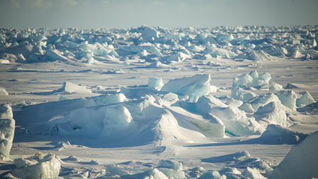 Annual ice hummocks on the Kara Sea, off the coast of Novaya Zemlya. Ice Desert