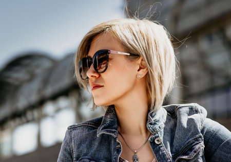 Portrait of a beautiful blonde in sunglasses. Close-up, side view