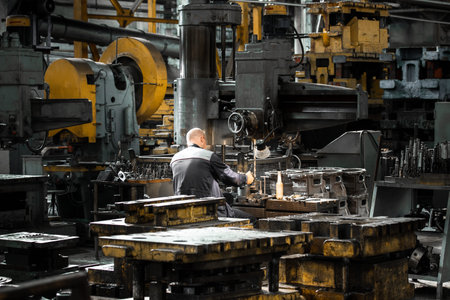 The man is sitting at the bench with his back to the camera. Around large machines, heavy production