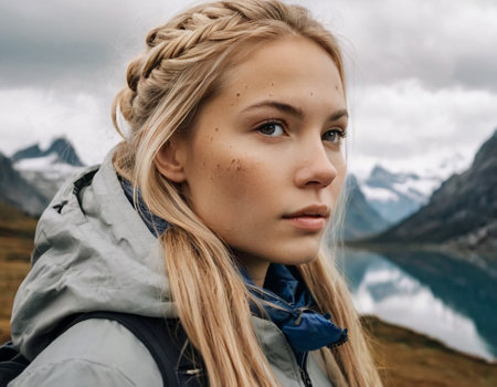 Portrait of a beautiful young woman with blond hair in the mountainsの素材