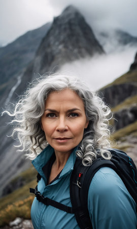 Mature woman with curly hair hiking in the highlands of Icelandの素材
