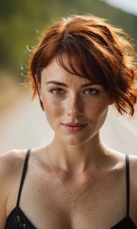 Beautiful redhead girl with freckles on her face, close up portraitの素材