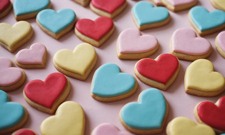 Colorful heart-shaped cookies on pink background, valentine's day conceptの素材