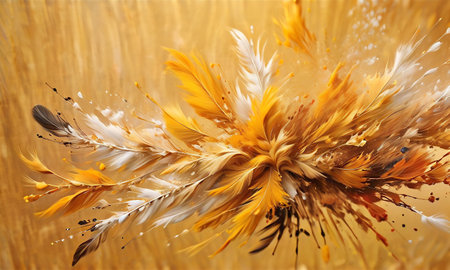 Close-up of colorful feathers on a golden background. Abstract backgroundの素材