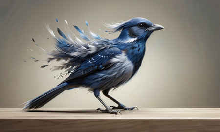Blue bird with wings spread on wooden table. 3d illustration.の素材