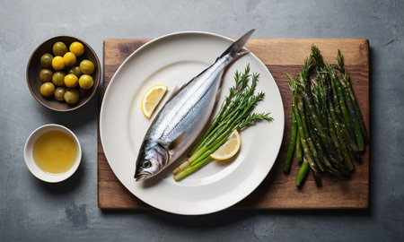 Fresh raw rainbow trout fish with asparagus, olives and olive oil on wooden board over gray stone background. Top view, flat layの素材