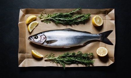Fresh sea bass with lemon and herbs on dark background, top viewの素材