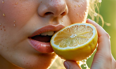 Close-up portrait of a beautiful young woman with fresh lemon.の素材
