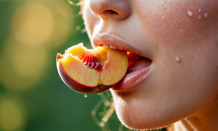 Close-up portrait of beautiful girl with peach in her mouth.の素材