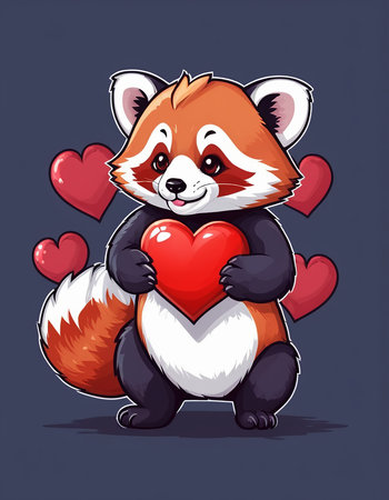 Cute red panda holding a heart. Vector cartoon illustration.の素材
