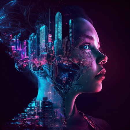 Double exposure portrait of a beautiful young woman with futuristic face and city in the backgroundの素材